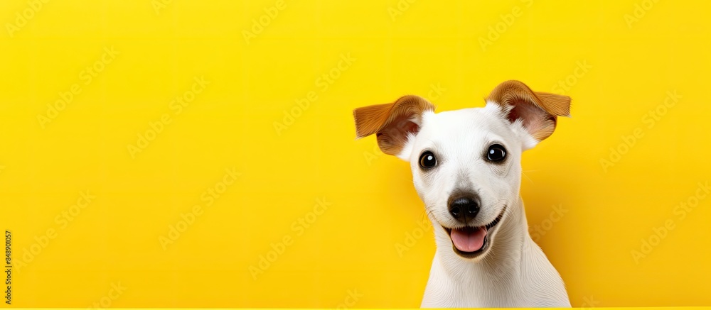 Aufkleber cheerful puppy with a smile posing on a vibrant yellow backdrop with ample copy space image
