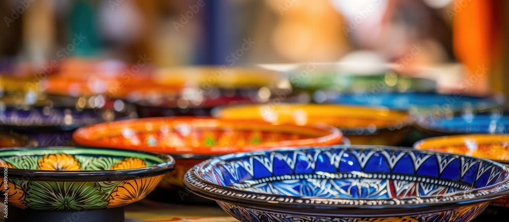 Poster brightly colored moroccan dish souvenirs on display in a shop with space for adding text or another 