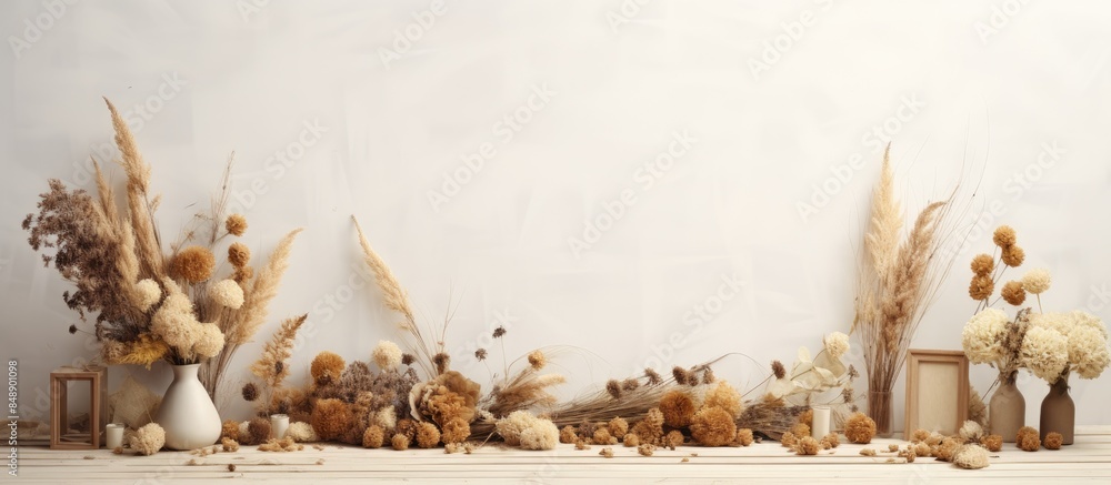 Poster minimalistic setup featuring dried flowers wooden letters and a light wall as a backdrop with copy s