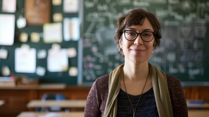 The picture of the teacher or professor in classroom of the school with blackboard background that has been write with chalk about lesson like math, physics, chemistry or biology for learning. AIG43.