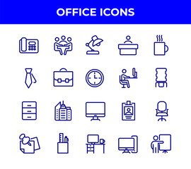 Simple Set of Office Related Vector Line Icons. Contains such Icons as Business Meeting, Workplace, Office Building, Reception Desk and more. DN1