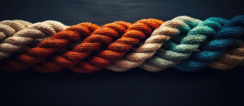 The metaphor of diverse ropes coming together symbolizes unity and teamwork in business represented as a corporate image showcasing collaboration and partnership with copy space image