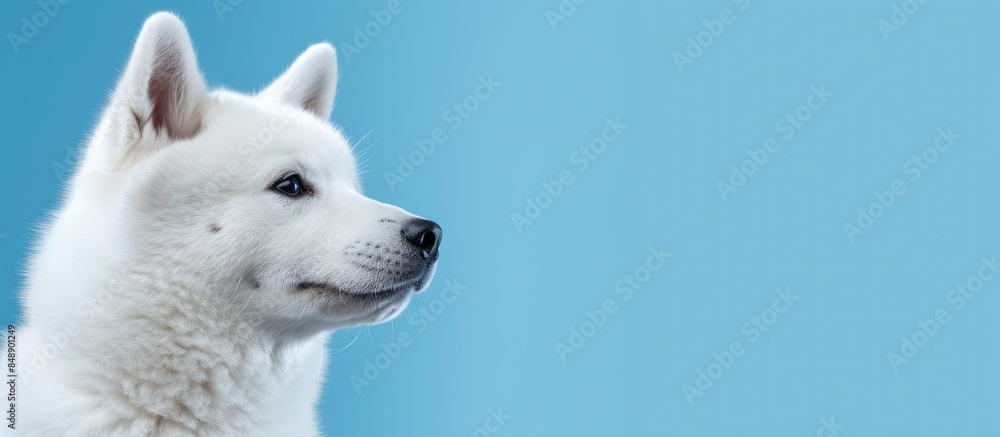 Poster akita dog with hidden face up close set against blue backdrop with space for text. copy space image.