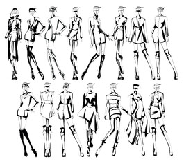 beautiful women in stylish clothes. Fashion sketch