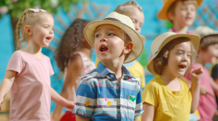 Fototapeta premium A group of joyful children singing together outdoors, with one child in a striped shirt and straw hat leading enthusiastically amidst a colorful background.