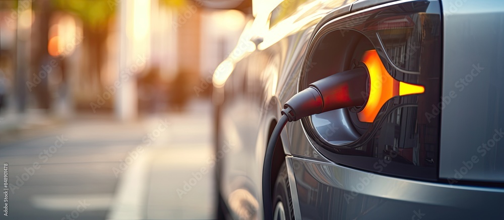 Poster close up of an electric car s power socket during charging with ample copy space in the image