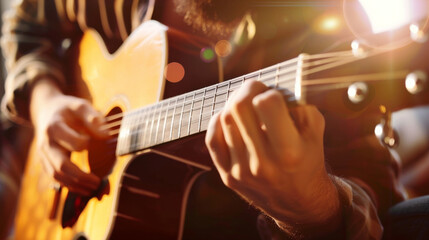 Obraz premium Close-up of a musician strumming an acoustic guitar under warm sunlight, highlighting the strings and hands in perfect harmony.