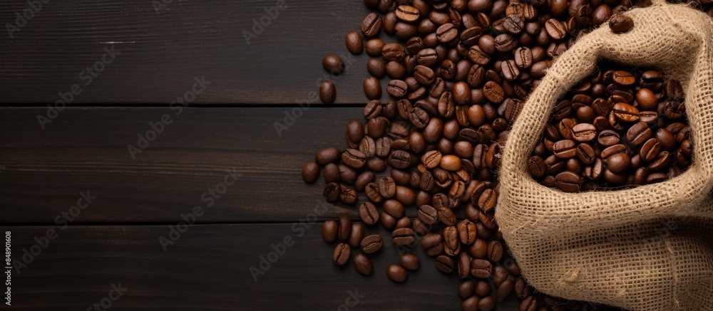 Poster top down view of burlap bag filled with roasted coffee beans with space to add text or graphics in t