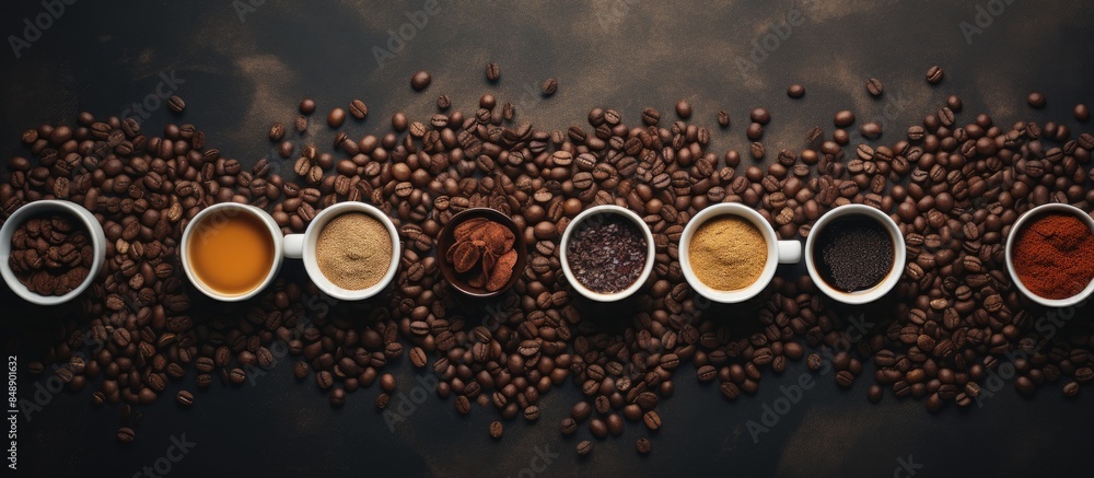 Poster bird s eye perspective showcasing different varieties of coffee blends with a spacious background fo