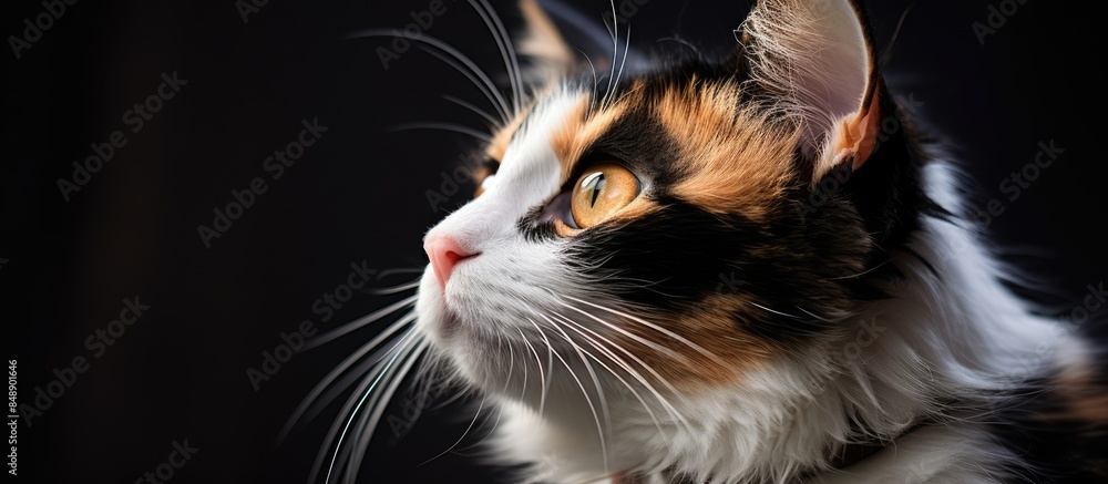 Poster close up macro photography capturing a stunning calico cat portrait with ample copy space image