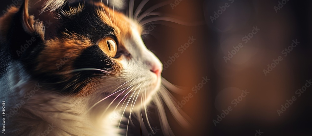 Poster close up macro photography capturing a stunning calico cat portrait with ample copy space image