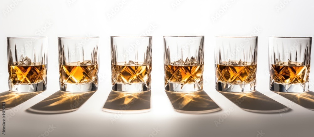 Poster crystal glasses of whiskey or scotch seen from above on a white background with shadows providing am