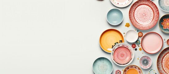 Ceramic tableware is displayed from a top view on a white background as a mock up with copy space image