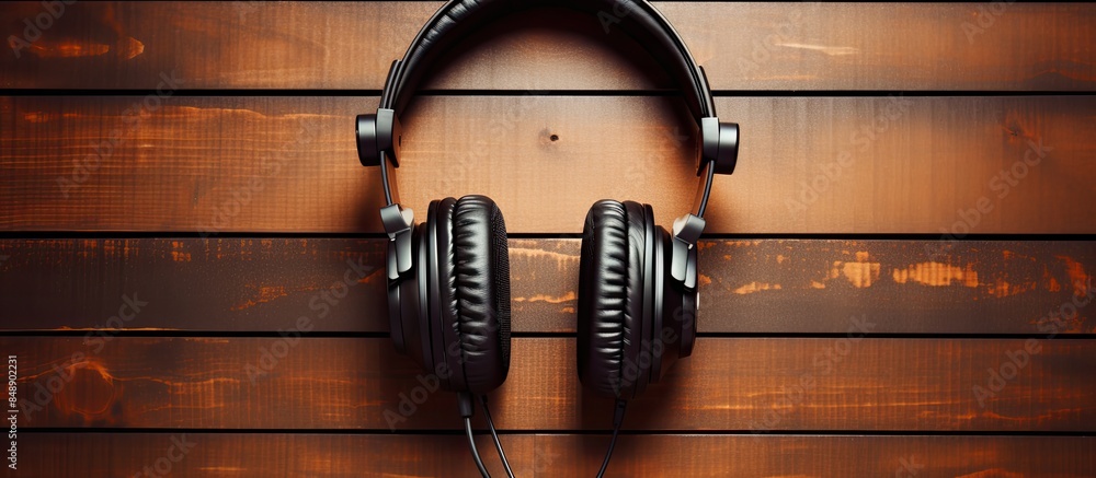 Poster top view of studio microphone and headphones for podcast recording and streaming concept with copy s