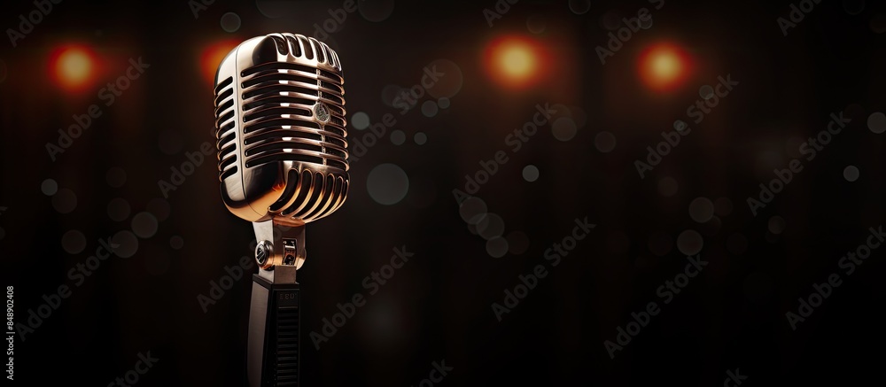 Poster lighted microphone with stylish design on a dark background with copy space image