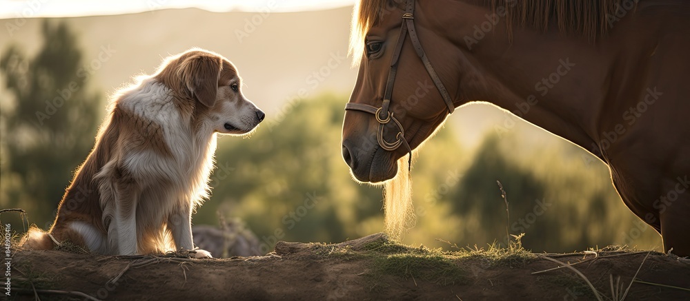 Wall mural The bond between a dog and a horse in nature is beautifully captured in this copy space image