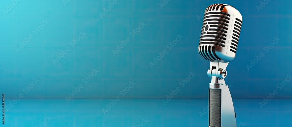 Poster radio microphone on a blue background symbolizing podcasting online radio streaming entertainment an