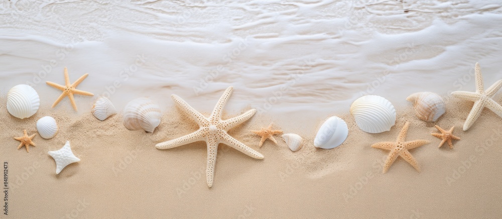 Aufkleber natural textured background featuring seashells and starfish imprints on a sandy beach with copy spa