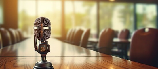 A focused microphone with a blurred conference room devoid of an audience in the backdrop providing ample copy space image