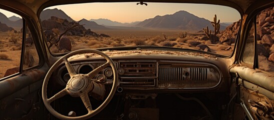 Desert junkyard with a vintage car s abandoned dashboard offers a unique setting for a copy space image