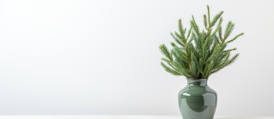 A festive home decor theme for Christmas and New Year with green fir branches in a vase on a white table against an empty white wall ideal for showcasing artwork with copy space image