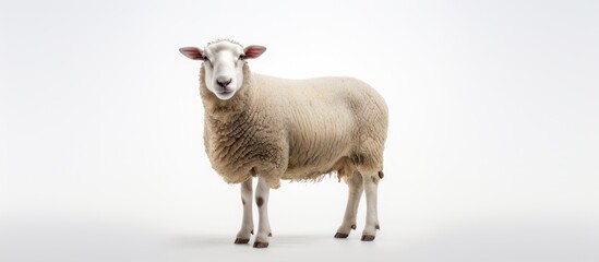 Fototapeta premium Sheep standing alone on a white backdrop with copy space image