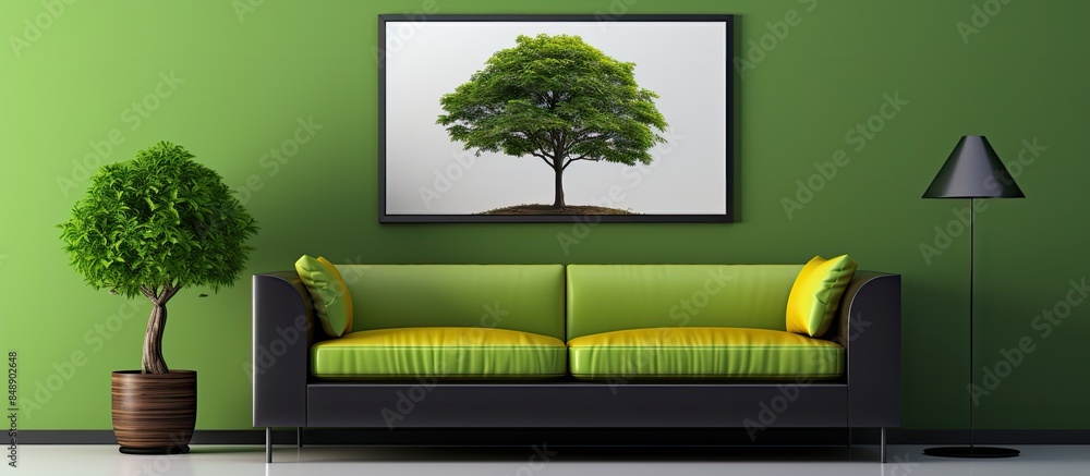 Poster an inviting living room setting featuring a comfortable sofa a stylish lamp and a vibrant green tree