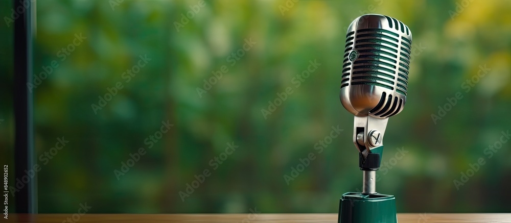 Aufkleber a professional microphone on a green background for a podcast or website banner with ample copy spac