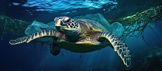 Fototapeta premium An image showing a green sea turtle caught in a fishing net with available space for adding text or graphics. Copy space image. Place for adding text and design