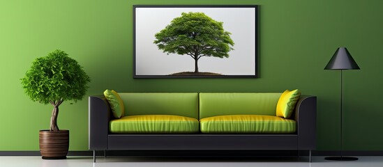 An inviting living room setting featuring a comfortable sofa a stylish lamp and a vibrant green tree perfect for a copy space image