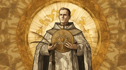 Fototapeta premium St. Norbert Holding Monstrance in Medieval Abbey, Biblical Illustration, Beige Background, Copyspace , Biblical Illustration,Christian banner