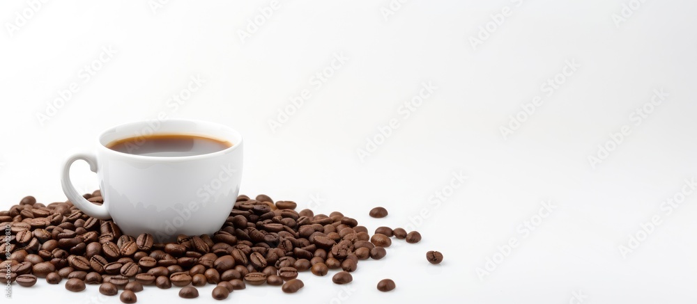 Poster a coffee cup with beans on a white backdrop featuring copy space image for customization