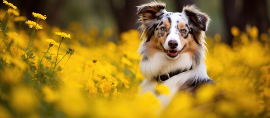Obraz premium An Australian shepherd sitting amidst vibrant yellow flowers creating a picturesque scene with a copy space image