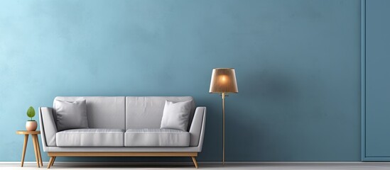 Home interior decoration featuring a blue and grey wall background showcasing a sofa carpet table frame and desk style with a copy space image