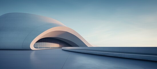 Modern building with futuristic architecture details features a cement curve shape against an abstract background providing a unique copy space image