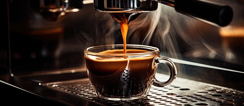 Close up view of espresso extraction from a professional coffee machine with a bottomless filter featuring a coffee drop with copy space image