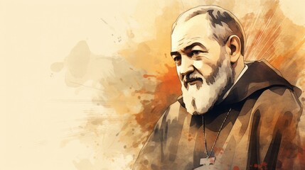 St. Padre Pio Showing Stigmata in San Giovanni Rotondo, Biblical Illustration, Beige Background, Copyspace , Biblical Illustration,Christian banner
