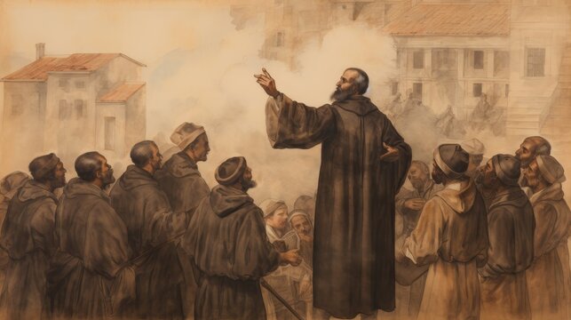 St. Peter Claver Ministering to Slaves in 17th-Century Port, Biblical Illustration, Beige Background, Copyspace , Biblical Illustration,Christian banner