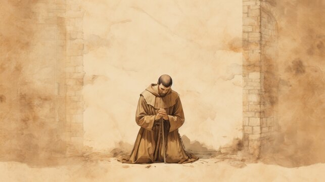 St. Roch in Prayer in 14th-Century French Village, Biblical Illustration, Beige Background, Copyspace , Biblical Illustration,Christian banner