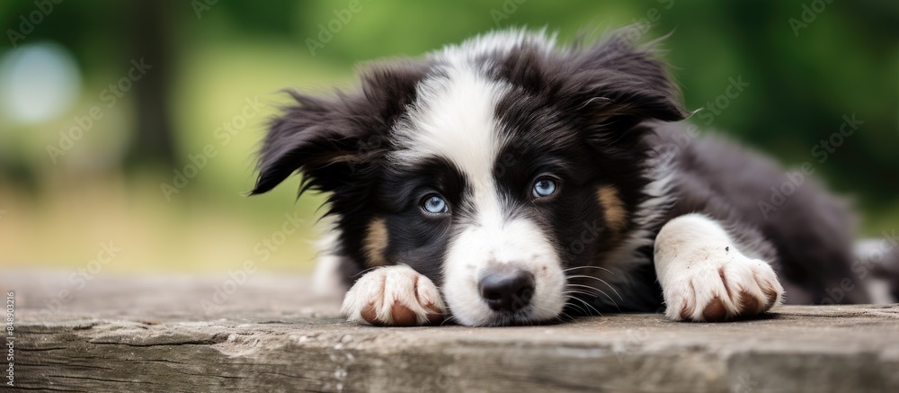 Poster a border collie puppy resting against a white backdrop with ample copy space image available
