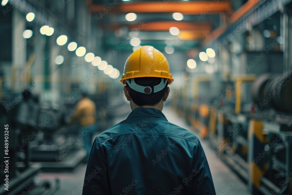 Poster smart civil engineer with safety helmet looking at production line while standing in front of factor