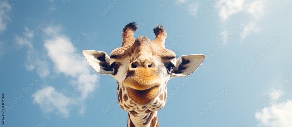 Aufkleber close up view of a giraffe s head from below with copy space image