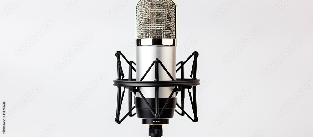 Poster a microphone for recording audio with a white backdrop for copy space image