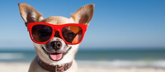A chihuahua wearing red sunglasses and smiling for a photo on the beach with copy space image
