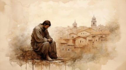 Naklejka premium St. Vitus in Prayer in 4th-Century Italian Village, Biblical Illustration, Beige Background, Copyspace , Biblical Illustration,Christian banner