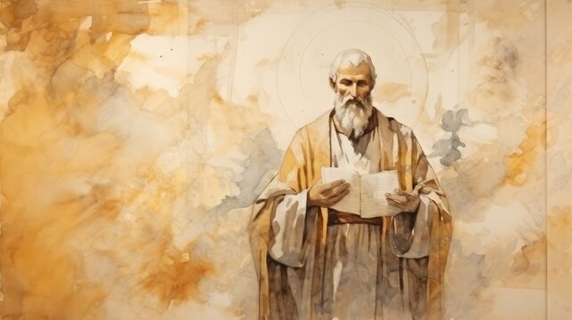 St. Philip the Apostle in Prayer in 1st-Century Church, Biblical Illustration, Beige Background, Copyspace , Biblical Illustration,Christian banner