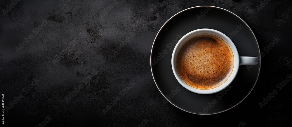 Aufkleber top view of an enticing cup of coffee on a black backdrop with ample copy space image