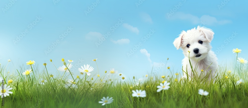 Poster summer themed web banner featuring a playful happy puppy walking in the grass with a funny and cute 