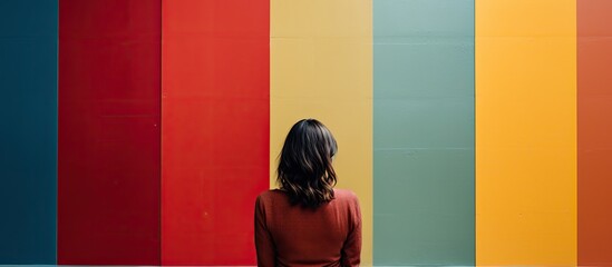 A woman gazes at various colored backgrounds providing copy space image