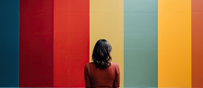 A woman gazes at various colored backgrounds providing copy space image